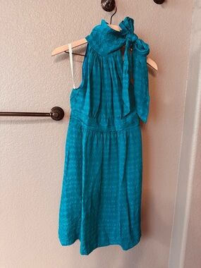 Shoshanna Silk Teal Textured Halter Dress with Bow Neck Size 4